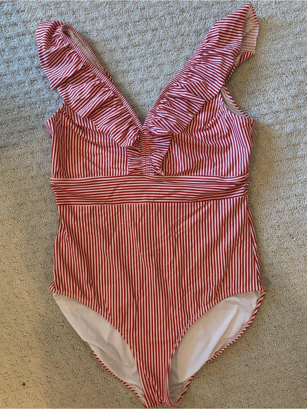 Aava Swim Red Stripe Ruffle V-Neck One-Piece Swimsuit